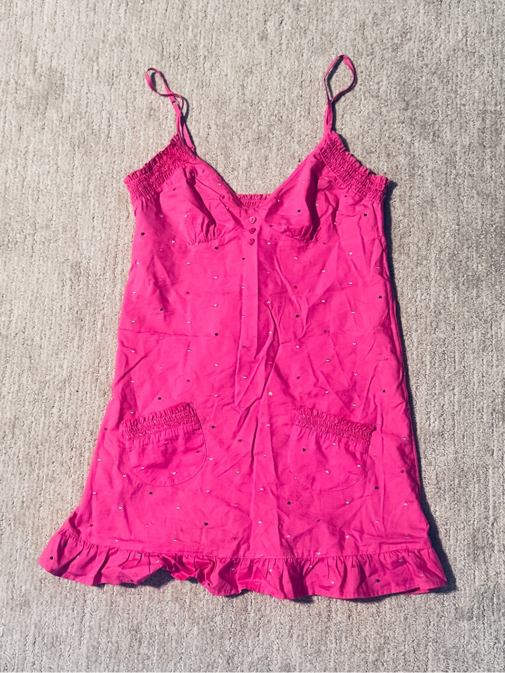 Xhilaration Bright Pink Spaghetti Strap Nightgown with Embroidered Hearts